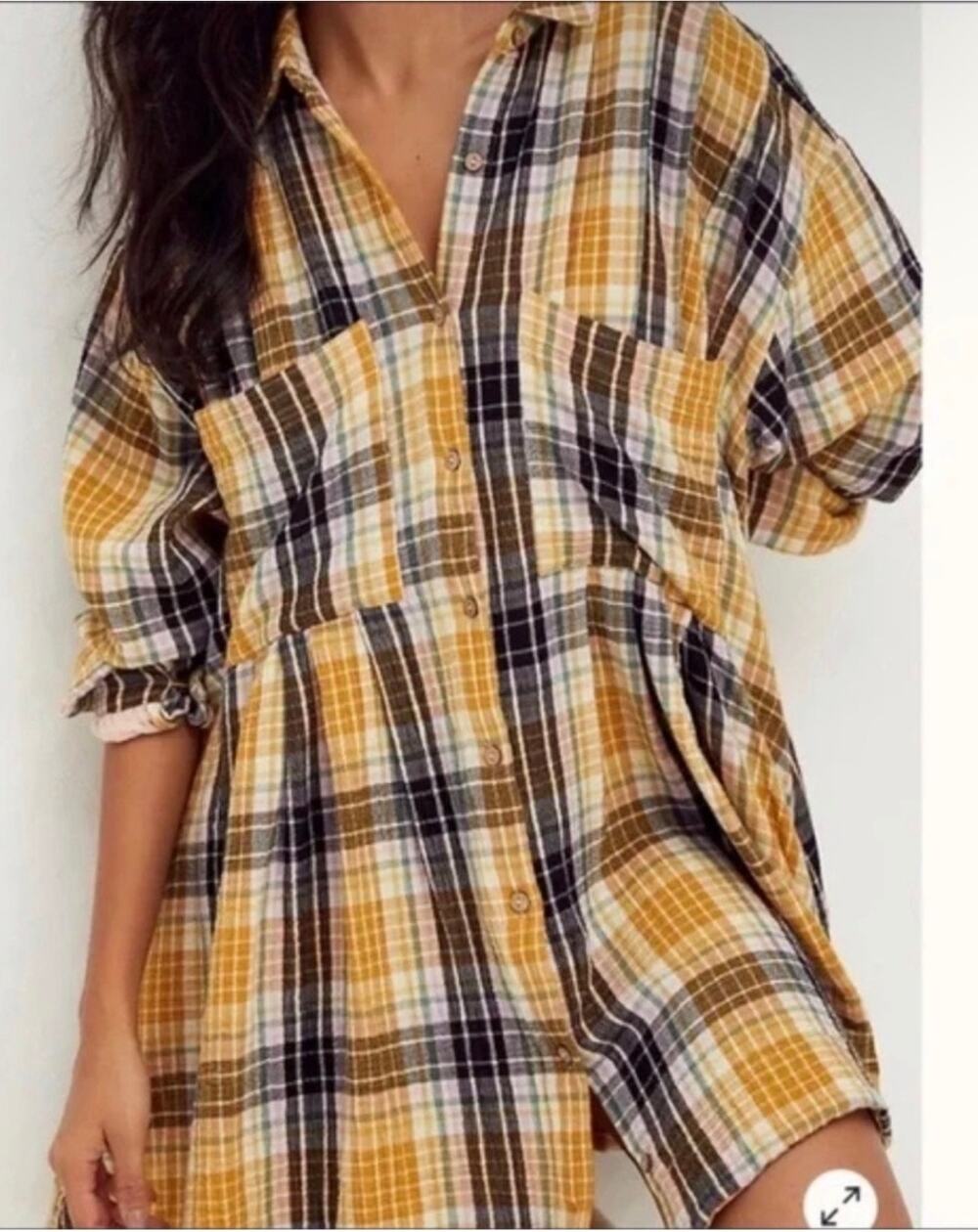 Free People The Voyage Yellow Plaid Long Sleeve Button Up Shirt Dress XS Boho